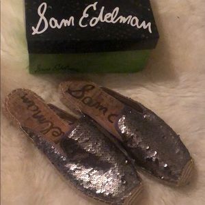 Sam Edelman Pewter Grey Sequin Espadrille Slides
